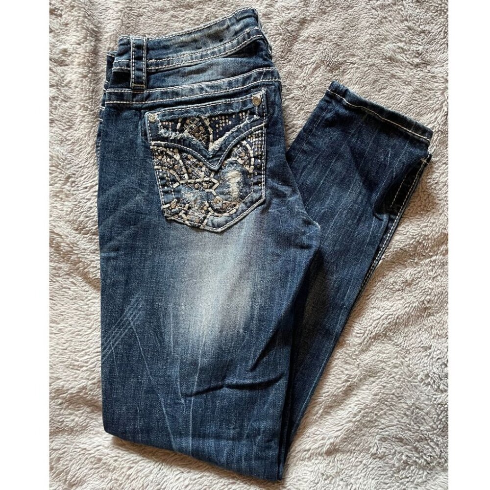 Miss Me Dark Blue Skinny Jeans with Embellished Pockets